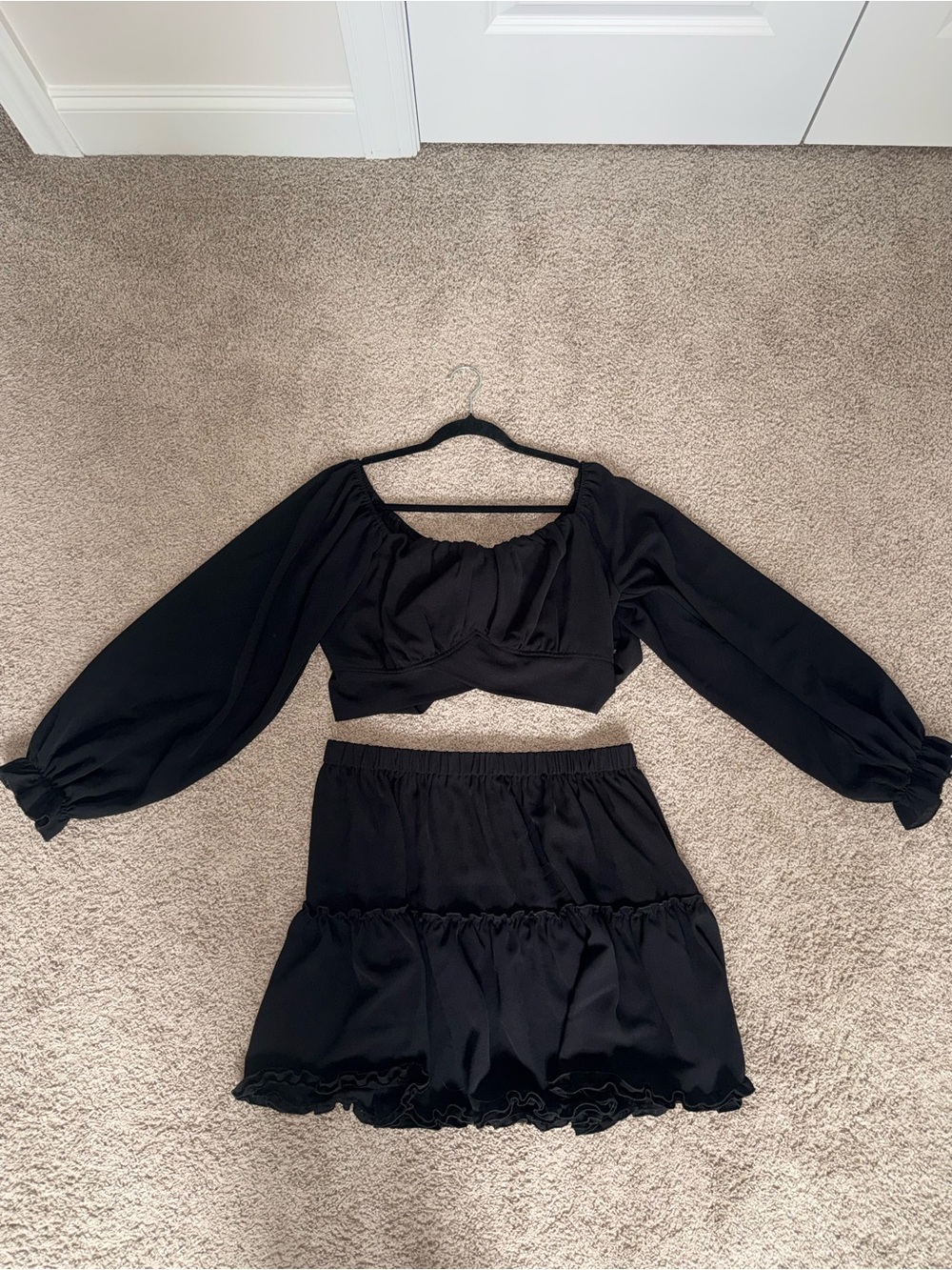 SHEIN Black Long-Sleeve Crop Top & Ruffle Mini Skirt Set